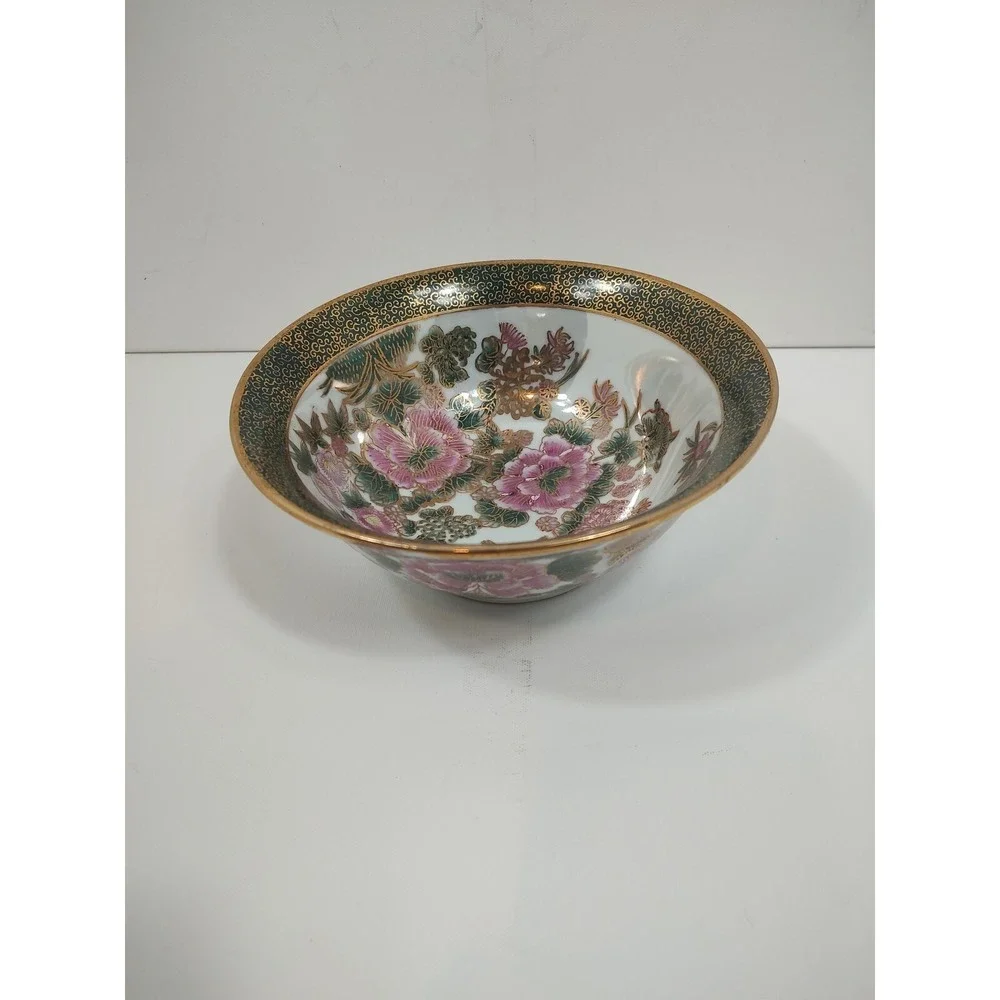 Vintage Oriental Display Bowl Green Gold‎ Mauve Floral 8.5